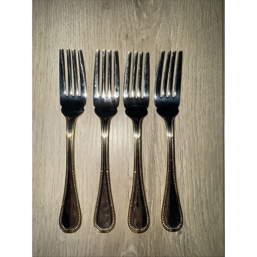 4 Salad Forks Yamazaki Allegra Stainless Gold‎ Accents Korea
